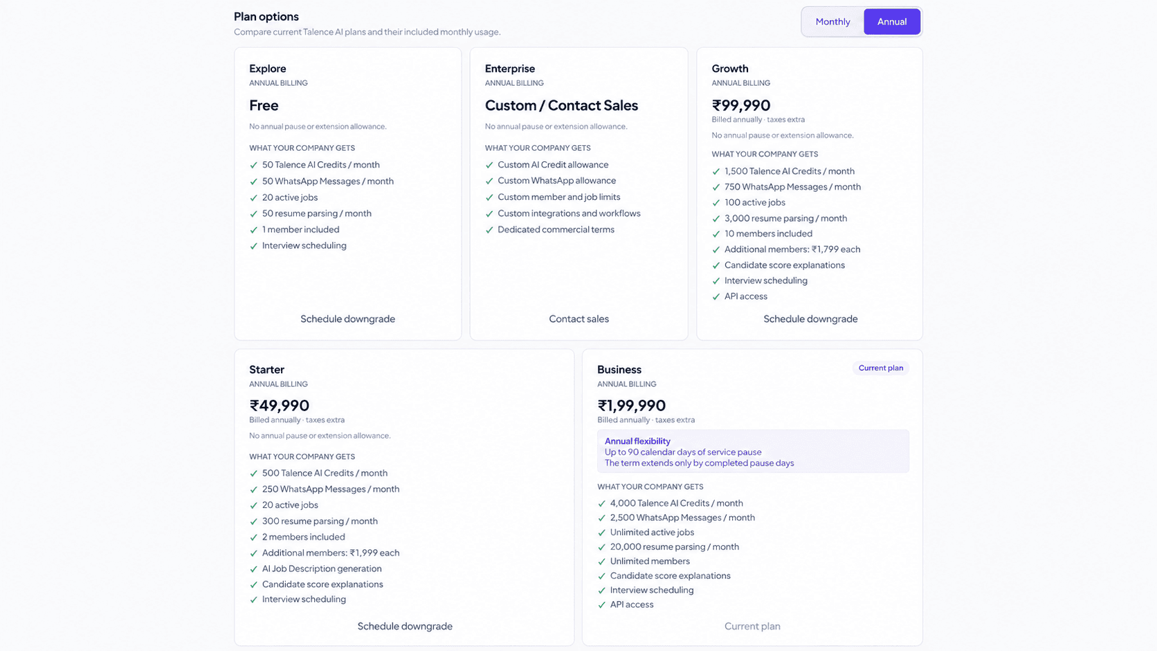 Talence AI company plan comparison showing available capacity and included capabilities