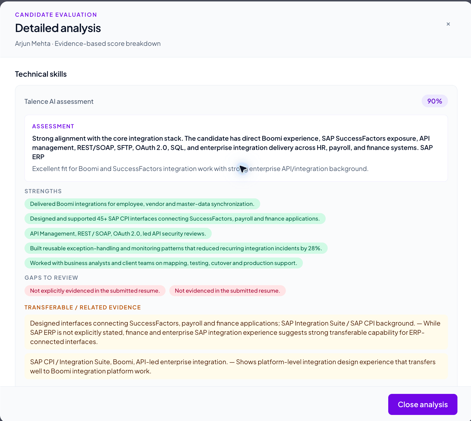 Talence AI detailed candidate evaluation with strengths, gaps and transferable evidence