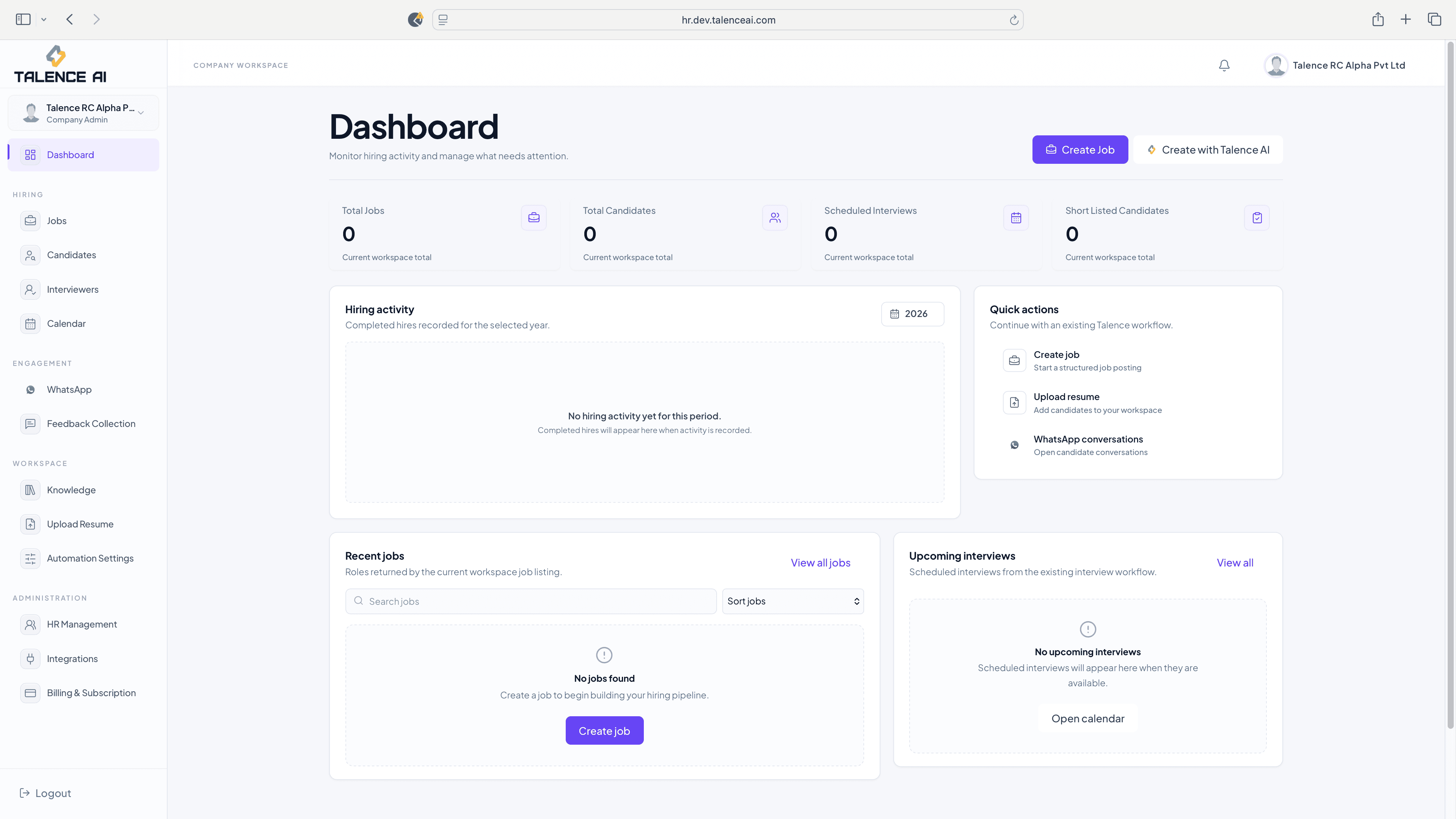 Talence AI company workspace dashboard showing recruiting activity and hiring operations